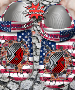 Basketball Crocss Personalized Ptrail Blazers American Flag Breaking Wall Clog Shoes - livanniespoon Store