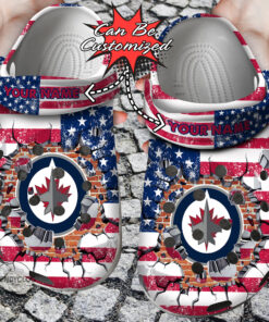 Hockey Crocss Personalized Wjets American Flag Breaking Wall Clog Shoes - livanniespoon Store