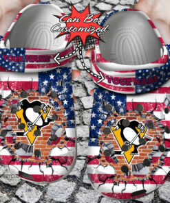Hockey Crocss Personalized Ppenguins American Flag Breaking Wall Clog Shoes - livanniespoon Store