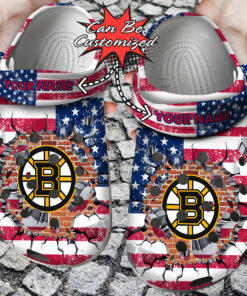 Personalized Name Logo Hockey Team American Flag Breaking Wall Crocss Clog Shoes - livanniespoon Store