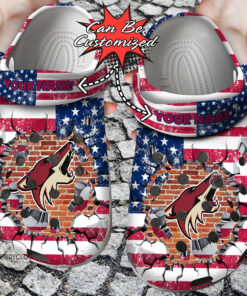 Hockey Crocss Personalized Acoyotes American Flag Breaking Wall Clog Shoes - livanniespoon Store