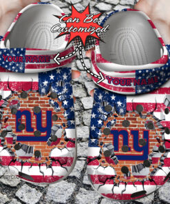Football Crocss Personalized Ny Giants American Flag Breaking Wall Clog Shoes - livanniespoon Store