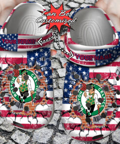 Basketball Crocss Personalized Bceltics American Flag Breaking Wall Clog Shoes - livanniespoon Store