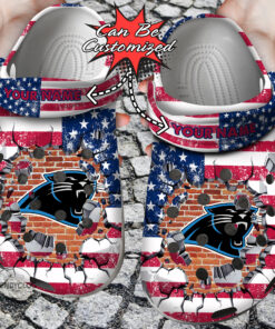 Football Crocss Personalized Cpanthers American Flag Breaking Wall Clog Shoes - livanniespoon Store