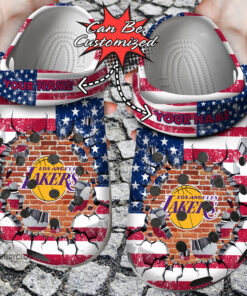 Basketball Crocss Personalized La Lakers American Flag Breaking Wall Clog Shoes - livanniespoon Store