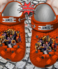 Personalized Name Mascot Football Brick Wall Blowing Up Crocss Clog Shoes - livanniespoon Store