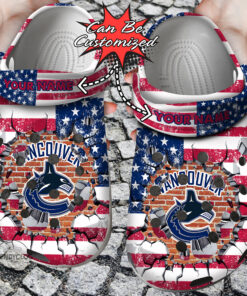 Hockey Crocss Personalized Vcanucks American Flag Breaking Wall Clog Shoes - livanniespoon Store