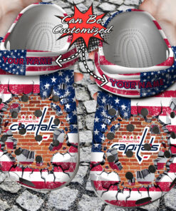 Hockey Crocss Personalized Wcapitals American Flag Breaking Wall Clog Shoes - livanniespoon Store