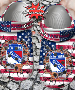 Hockey Crocss Personalized Ny Rangers American Flag Breaking Wall Clog Shoes - livanniespoon Store