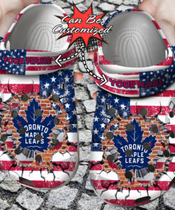 Hockey Crocss Personalized Tmaple Leafs American Flag Breaking Wall Clog Shoes - livanniespoon Store