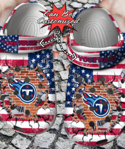 Football Crocss Personalized Ttitans American Flag Breaking Wall Clog Shoes - livanniespoon Store