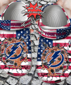 Hockey Crocss Personalized Tb Lightning American Flag Breaking Wall Clog Shoes - livanniespoon Store