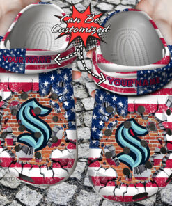 Hockey Crocss Personalized Skraken American Flag Breaking Wall Clog Shoes - livanniespoon Store