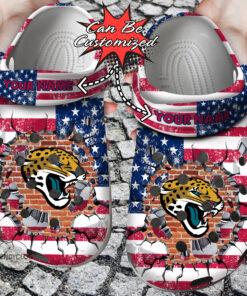 Football Crocss Personalized Jjaguars American Flag Breaking Wall Clog Shoes - livanniespoon Store