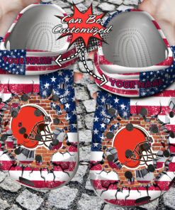 Football Crocss Personalized Cbrowns American Flag Breaking Wall Clog Shoes - livanniespoon Store