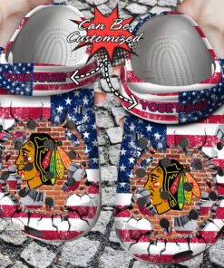 Hockey Crocss Personalized Cblackhawks American Flag Breaking Wall Clog Shoes - livanniespoon Store