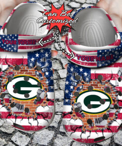 Football Crocss Personalized Gpackers American Flag Breaking Wall Clog Shoes - livanniespoon Store