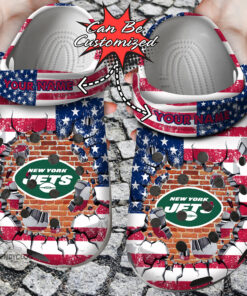 Football Crocss Personalized Ny Jets American Flag Breaking Wall Clog Shoes - livanniespoon Store