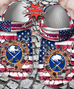 Hockey Crocss Personalized Bsabres American Flag Breaking Wall Clog Shoes - livanniespoon Store