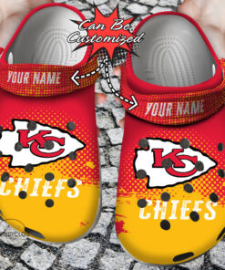 Football Crocss Personalized Kc Chiefs Half Tone Drip Flannel Clog Shoes - livanniespoon Store