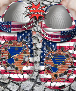 Hockey Crocss Personalized St Louis Blues American Flag Breaking Wall Clog Shoes - livanniespoon Store