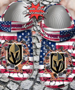 Hockey Crocss Personalized Vgolden Knights American Flag Breaking Wall Clog Shoes - livanniespoon Store