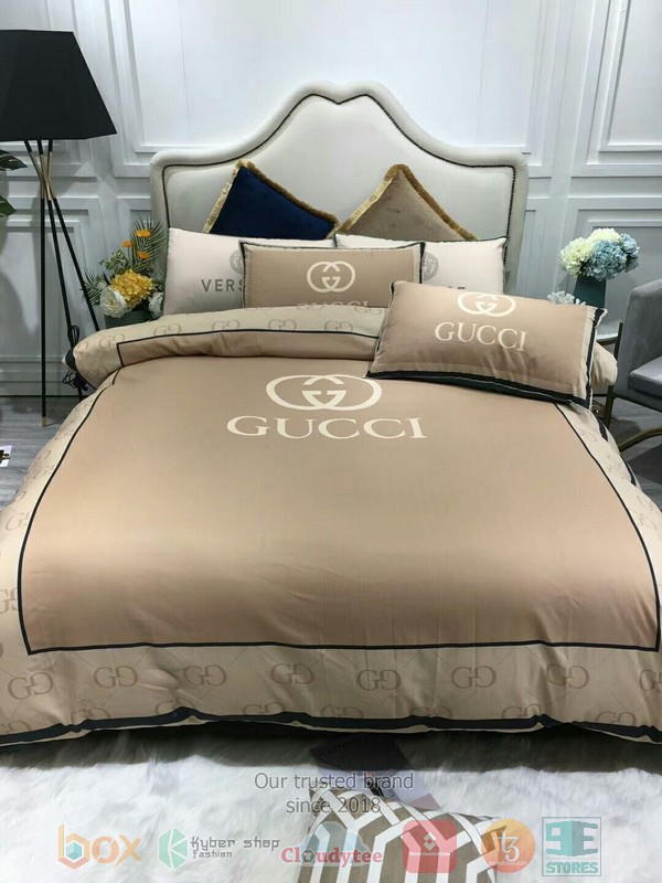 HOT Gucci GC Luxury brand light brown bedroom bedding set -livanniespoon Store