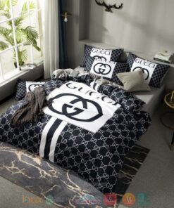 HOT Gucci GC pattern Luxury brand blue bedroom bedding set -livanniespoon Store