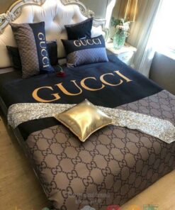 HOT Gucci GC pattern brown navy bedroom bedding set -livanniespoon Store