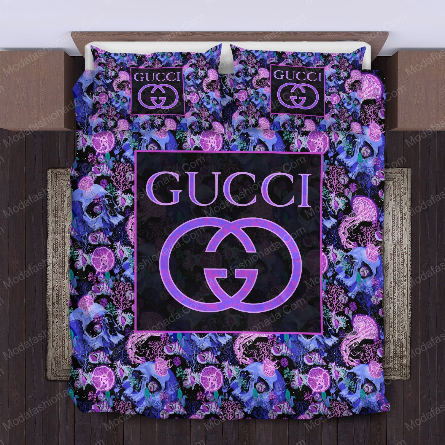 Gucci Pattern Violet Skull Luxury Bedding Sets -livanniespoon Store