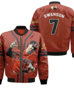 Atlanta Braves Dansby Swanson 7 Legendary Captain Baseball Team Red For Braves Fans Bomber Jacket 3D Printed - livanniespoon Store