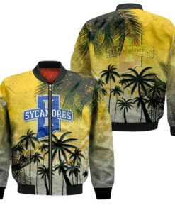 Indiana State Sycamores Bomber Jacket 3D Printed Coconut Tree Tropical Grunge - livanniespoon Store