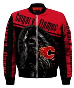 Calgary Flames Logo With Skull Pattern Bomber Jacket- Red/Black - livanniespoon Store