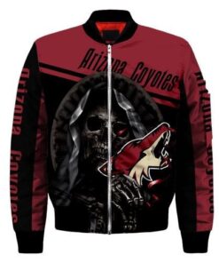 Arizona Coyotes Logo With Skull Pattern Bomber Jacket- Red/Black - livanniespoon Store