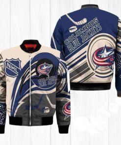 Columbus Blue Jackets Logo & Hockey Stick Pattern Bomber Jacket - livanniespoon Store
