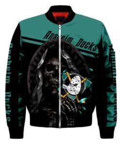 Anaheim Ducks Logo With Skull Pattern Bomber Jacket- Green/Black - livanniespoon Store