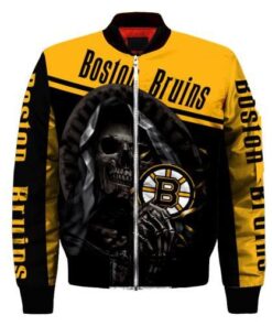 Boston Bruins Logo With Skull Pattern Bomber Jacket- Yellow/Black - livanniespoon Store