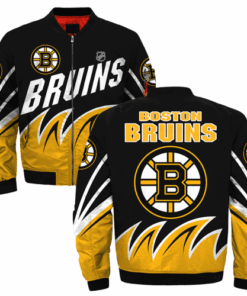 Boston Bruins Logo On Fire Pattern Bomber Jacket- Yellow/Black - livanniespoon Store
