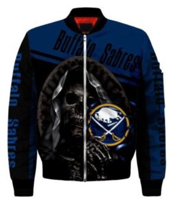 Buffalo Sabres Logo With Skull Pattern Bomber Jacket- Dark Blue - livanniespoon Store