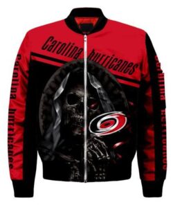 Carolina Hurricanes Logo With Skull Pattern Bomber Jacket- Red/Black - livanniespoon Store