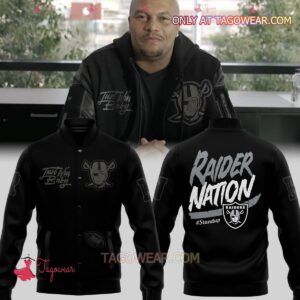 Raiders Nation Stand Up Coach Antonio Pierce Just Win Baby Baseball Jacket - livanniestore Store