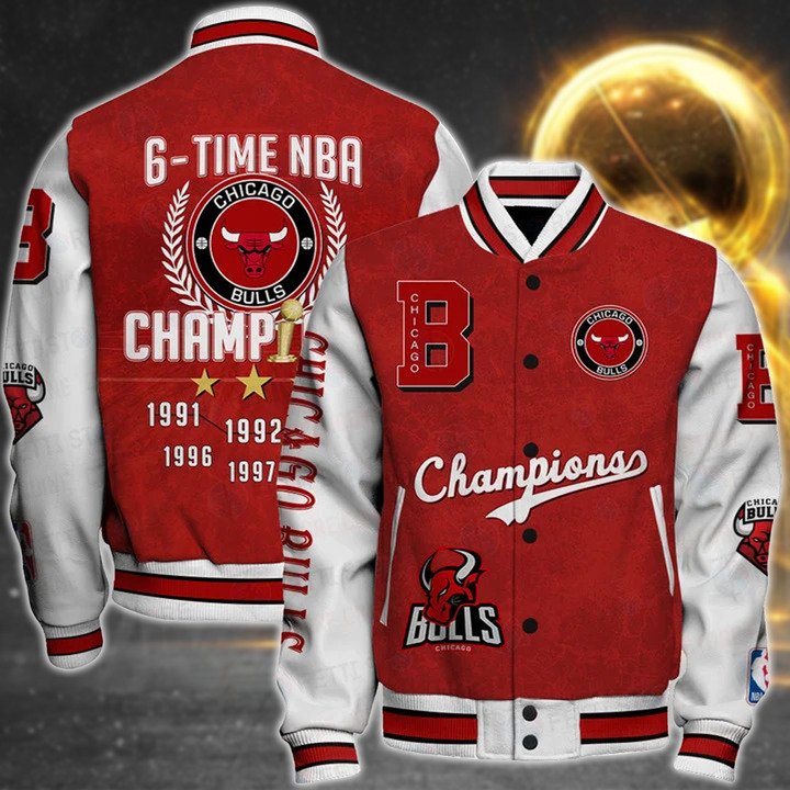 Nba Chicago Bulls 6X Champions Print Varsity Jacket, Baseball Jacket - livanniestore Store