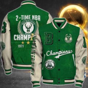 Nba Milwaukee Bucks 2X Champions Print Varsity Jacket, Baseball Jacket - livanniestore Store
