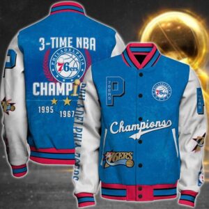 Nba Philadelphia 76Ers 3X Champions Print Varsity Jacket, Baseball Jacket - livanniestore Store