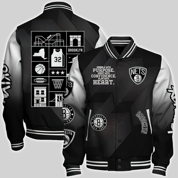 Brooklyn Nets National Basketball Association Aop Varsity Jacket, Baseball Jacket - livanniestore Store