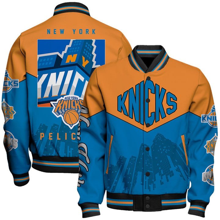 NBA New York Knicks Team Logo Sport Pattern Varsity Jacket, Baseball Jacket - livanniestore Store
