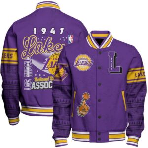 Los Angeles Lakers Team Logo Sport Pattern Vintage Varsity Jacket, Baseball Jacket - livanniestore Store